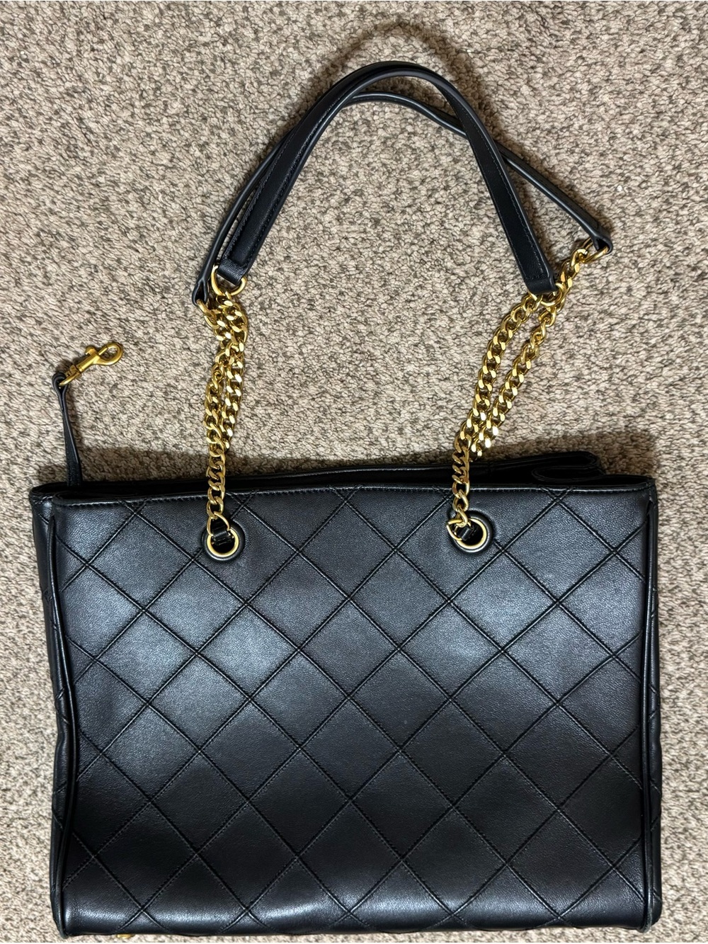 Quince Italian Leather Diamond Stitch Tote Black Gold Hardware